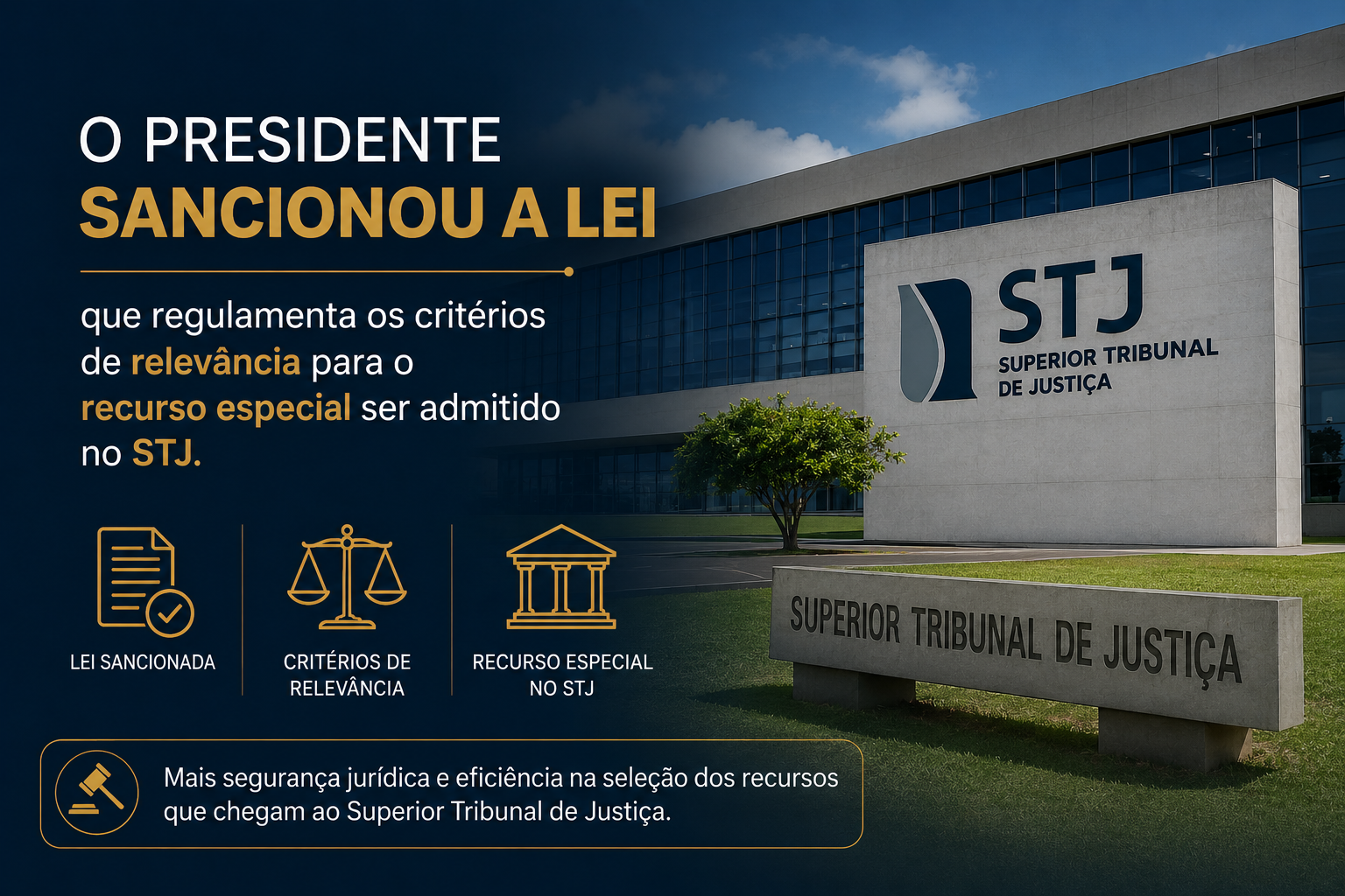 O Presidente Lula sancionou a lei que regulamenta os critérios de relevância para o recurso especial ser admitido no STJ. 